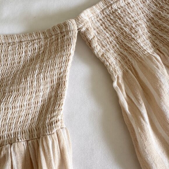 Billabong Women’s Smocked Long Sleeve Romper Beige Stripe Square Neck Size S - Picture 13 of 13